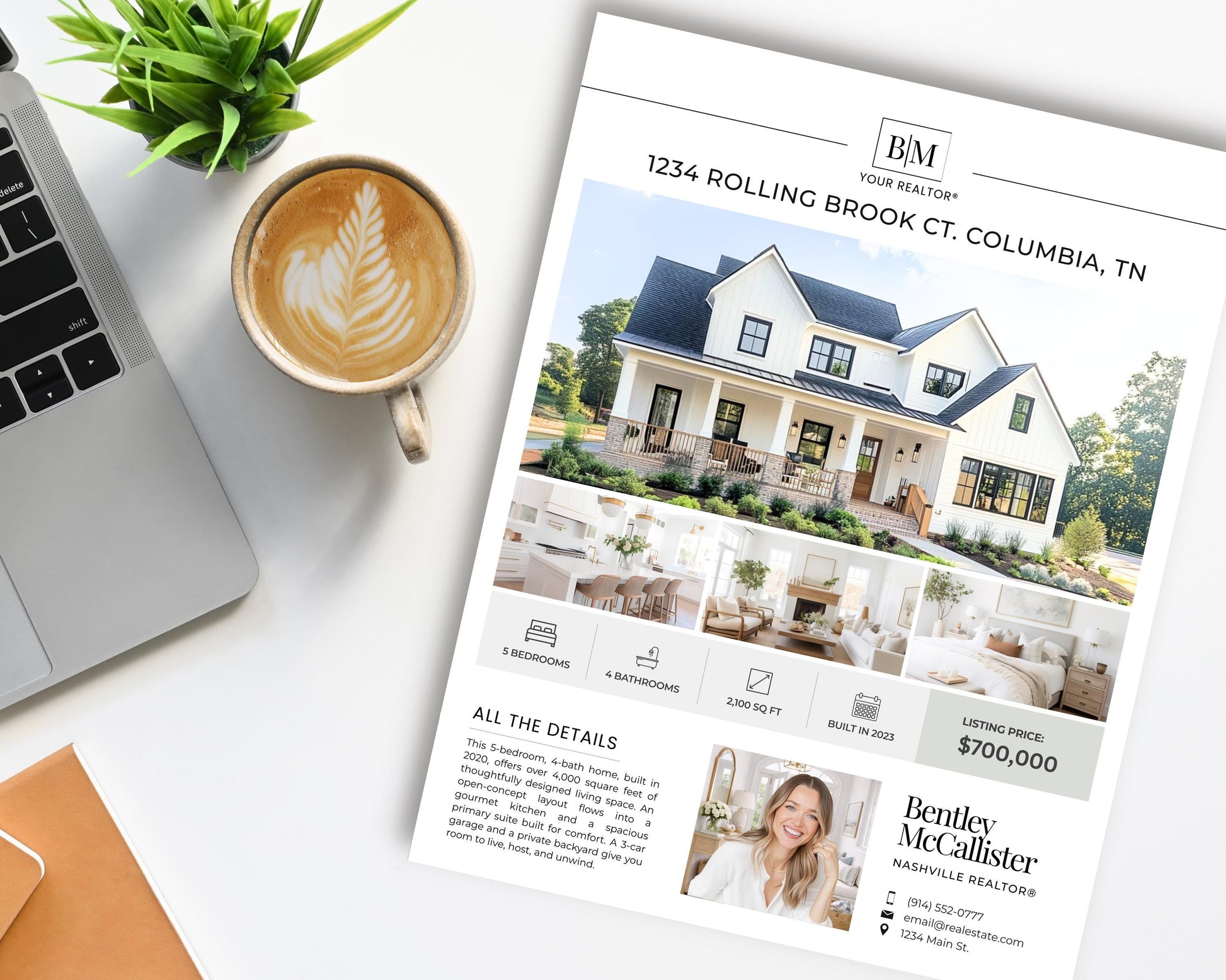 a real estate advertisement for a house, with a laptop, coffee cup, and potted plant in the background.