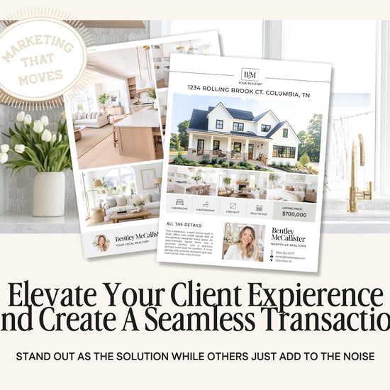 The image is an advertisement for a real estate agent named Bentley McCallister, promoting a house for sale in Nashville, Tennessee. The ad features a collage of images showcasing the house, along with a woman's portrait and a woman's photo. The text encourages the viewer to "Elevate Your Client Experience and Create A Seamless Transaction" and highlights the agent's expertise in real estate transactions.