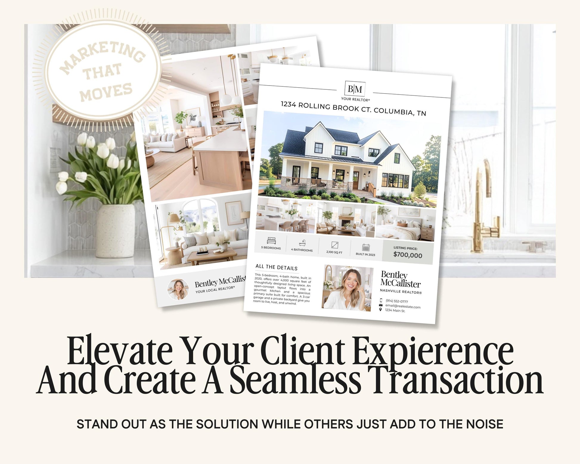 The image is an advertisement for a real estate agent named Bentley McCallister, promoting a house for sale in Nashville, Tennessee. The ad features a collage of images showcasing the house, along with a woman's portrait and a woman's photo. The text encourages the viewer to "Elevate Your Client Experience and Create A Seamless Transaction" and highlights the agent's expertise in real estate transactions.