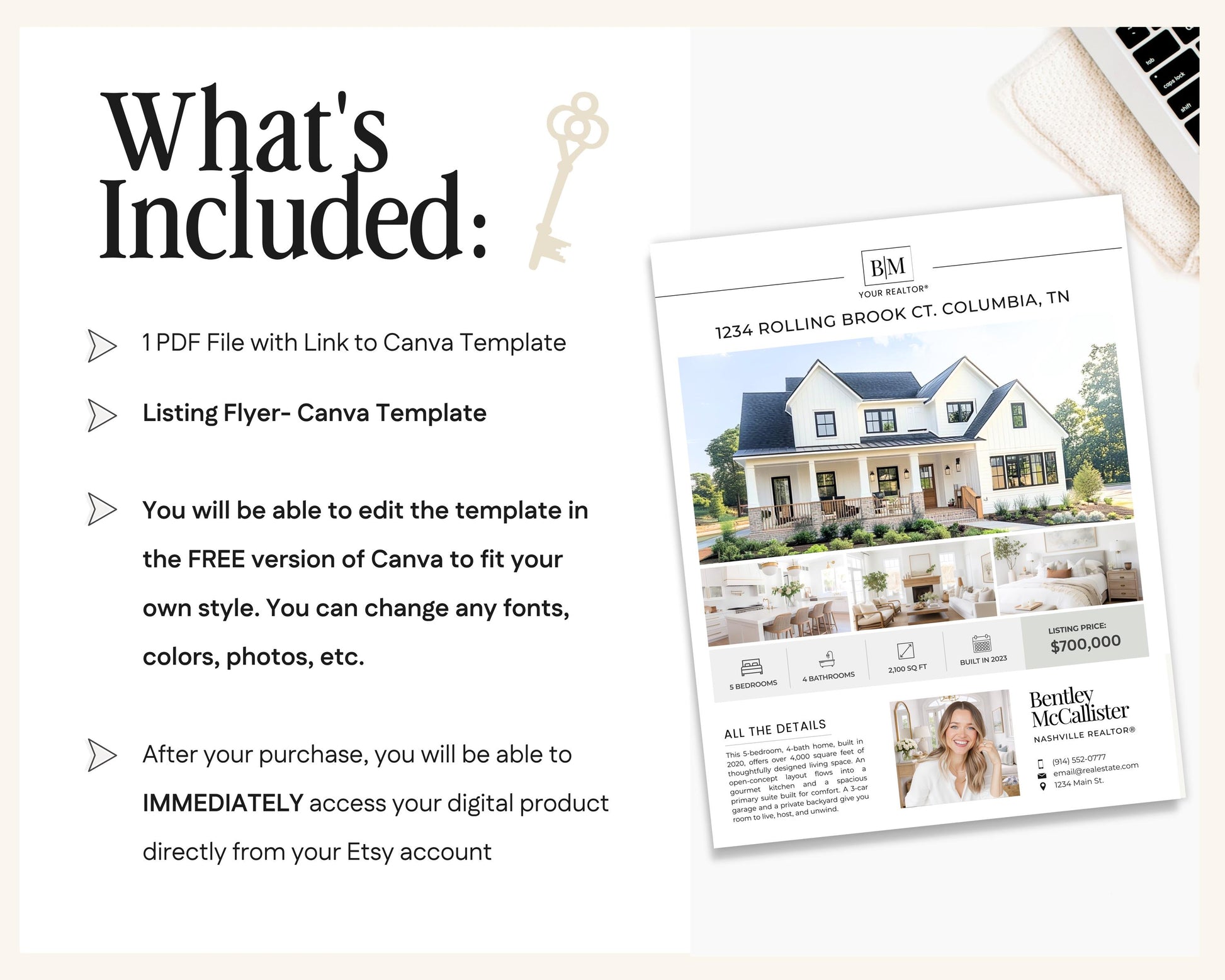The image is a collage of multiple images, including a house and a person, along with text providing information about a free Canva template and a listing flyer.