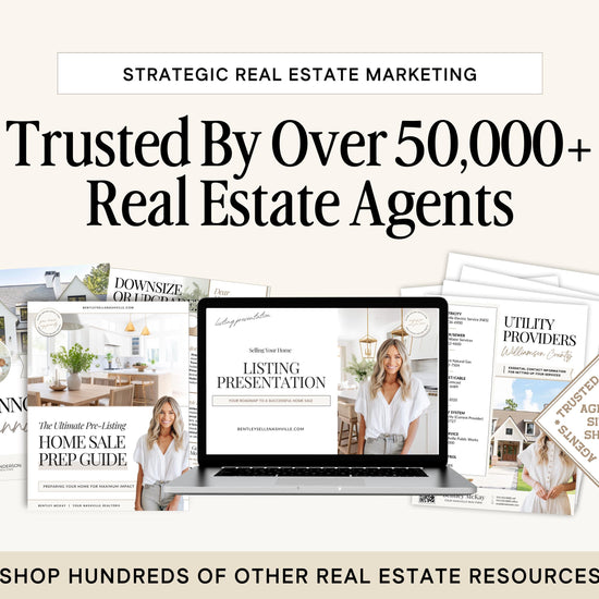 The image is an advertisement for a real estate marketing service, featuring a laptop displaying a listing presentation, brochures, and other real estate resources.