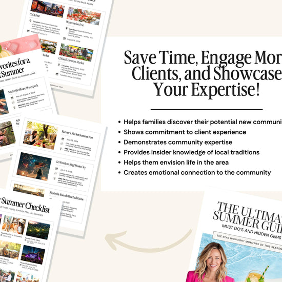The image is a collage of various summer-related images, including a sign that says "Save Time, Engage More Clients, and Showcase Your Expertise!" and a book titled "THE ULTIMATE SUMMER GUIDE".
