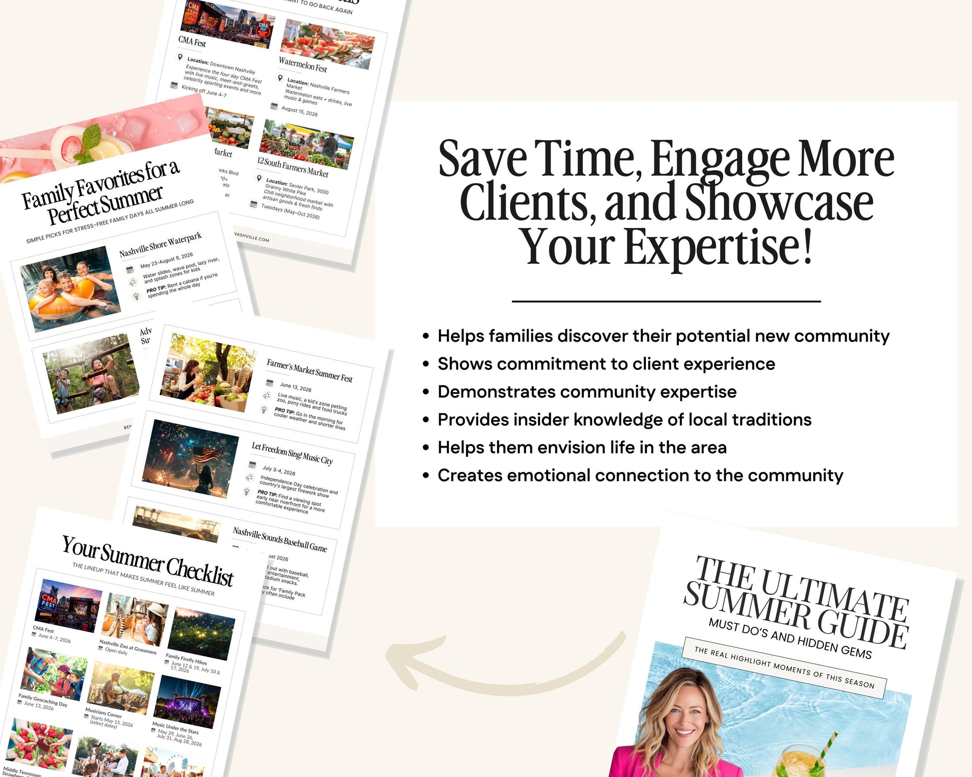 The image is a collage of various summer-related images, including a sign that says "Save Time, Engage More Clients, and Showcase Your Expertise!" and a book titled "THE ULTIMATE SUMMER GUIDE".