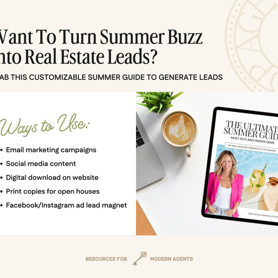 The image is a promotional graphic for real estate leads, featuring a book titled "The Ultimate Summer Guide" and a list of summer marketing tactics.