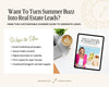 The image is a promotional graphic for real estate leads, featuring a book titled "The Ultimate Summer Guide" and a list of summer marketing tactics.