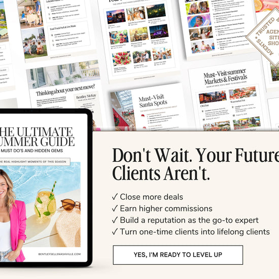 The image is a promotional collage featuring a book cover for "The Ultimate Summer Guide" and a message encouraging the reader to "Don't Wait. Your Future Clients Aren't."