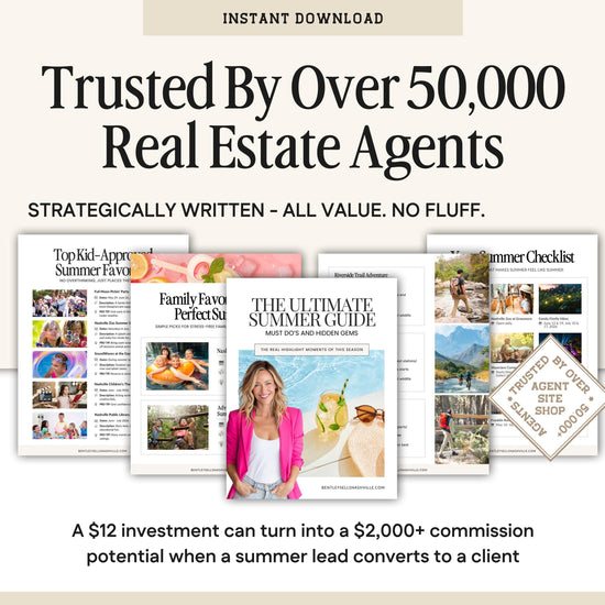 The image is an advertisement for a real estate agent service, featuring various brochures and a magazine titled "The Ultimate Summer Guide".
