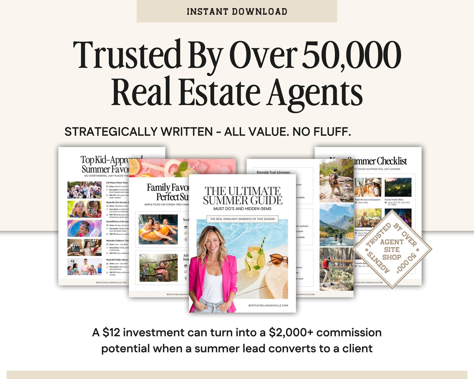 The image is an advertisement for a real estate agent service, featuring various brochures and a magazine titled "The Ultimate Summer Guide".