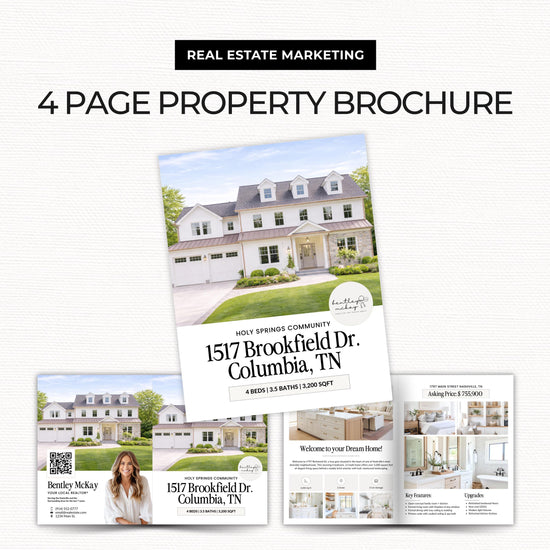 The image is a real estate marketing brochure for a property located in Columbia, Tennessee. It features a large photograph of a two-story house with a wrap-around porch, as well as smaller images of the house and the surrounding area. The brochure includes text and contact information for the real estate agent, Broker, and the property itself.