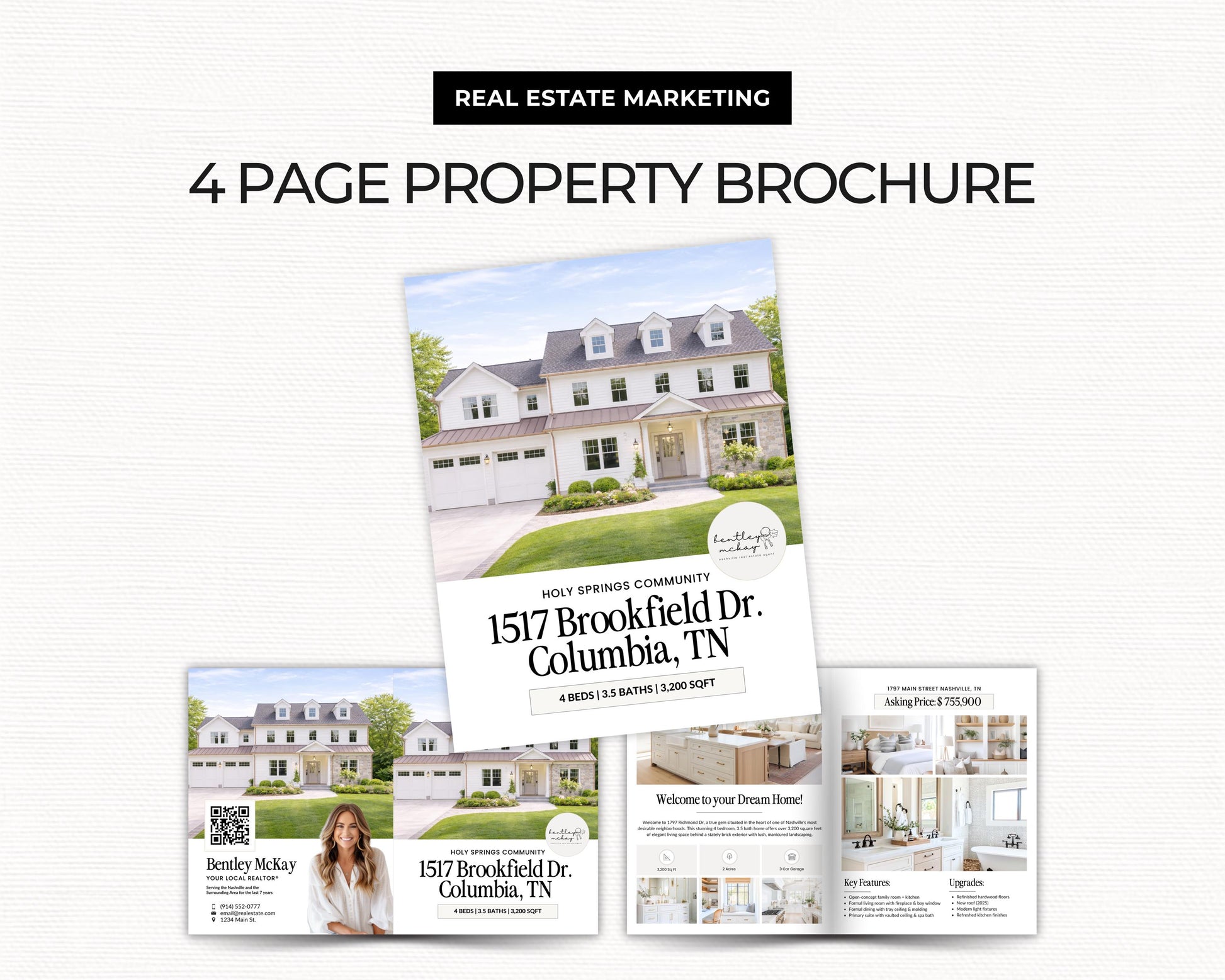 The image is a real estate marketing brochure for a property located in Columbia, Tennessee. It features a large photograph of a two-story house with a wrap-around porch, as well as smaller images of the house and the surrounding area. The brochure includes text and contact information for the real estate agent, Broker, and the property itself.