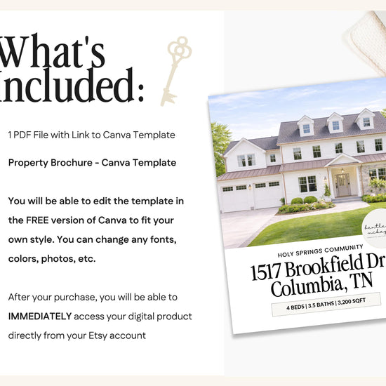 The image is a brochure for a property called "1517 Brookfield Dr.Columbia, TN". The brochure includes a property image and a free canvas template for customizing the design.