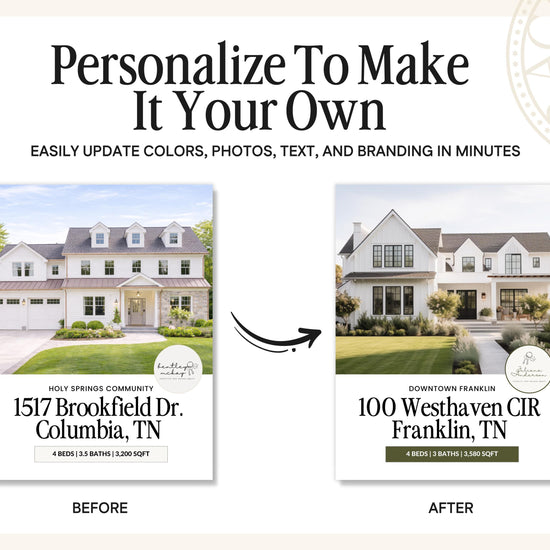 The image is a before and after comparison of a house. The before image shows a large white house with a brown roof, while the after image shows the same house with updated colors, photos, and text.
