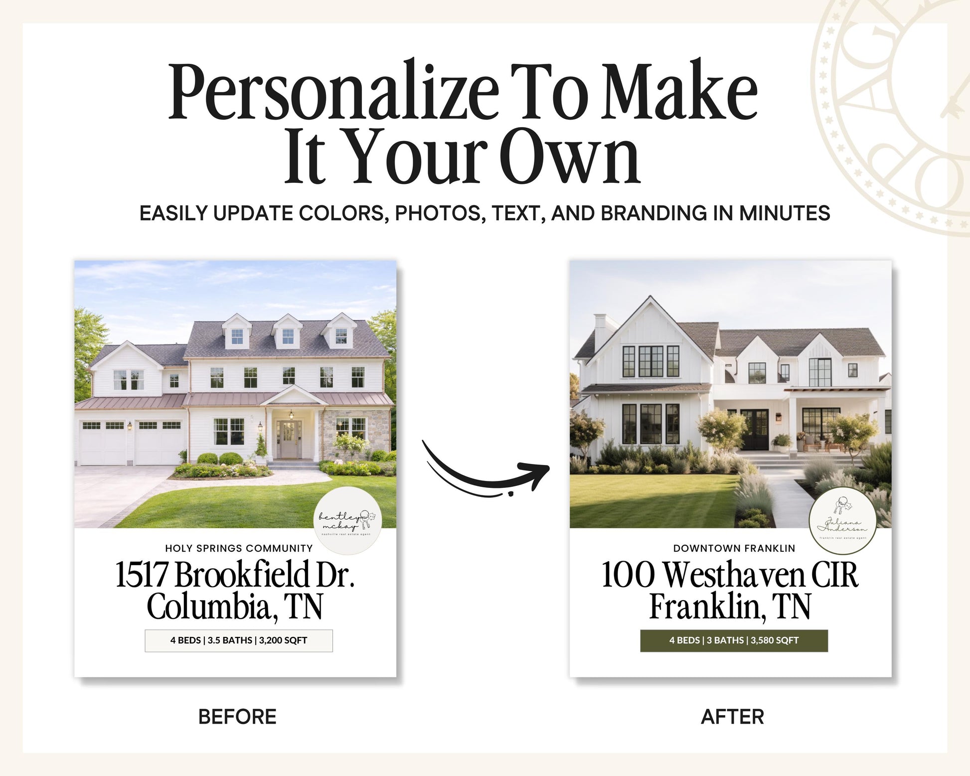 The image is a before and after comparison of a house. The before image shows a large white house with a brown roof, while the after image shows the same house with updated colors, photos, and text.