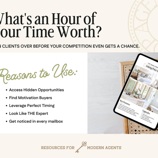 The image is a promotional graphic for real estate agents, featuring a tablet displaying a listing for a property in Nashville, Tennessee, and a list of reasons to use a real estate agent.