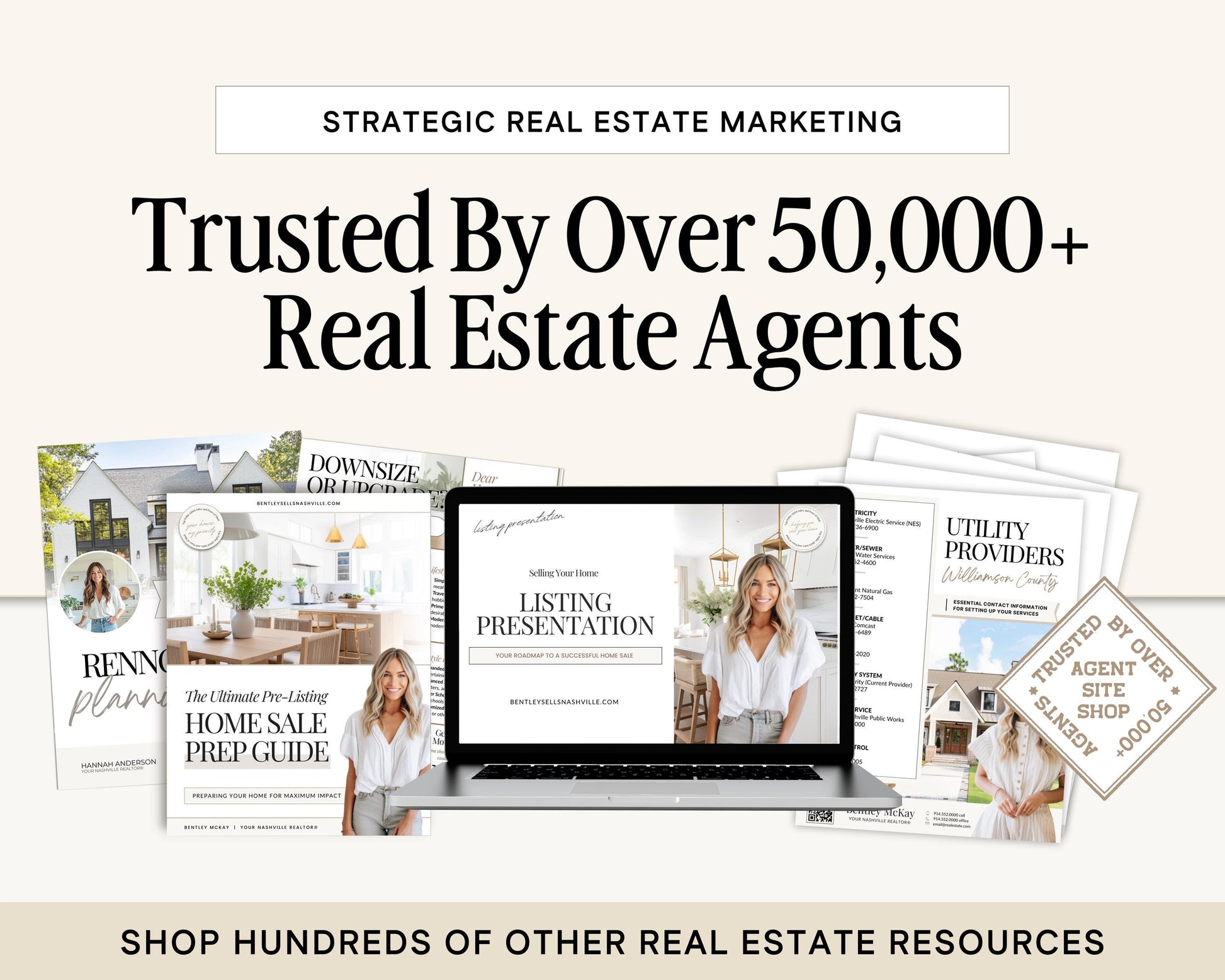 The image is an advertisement for a real estate marketing service, featuring a laptop displaying a listing presentation, brochures, and other real estate resources.