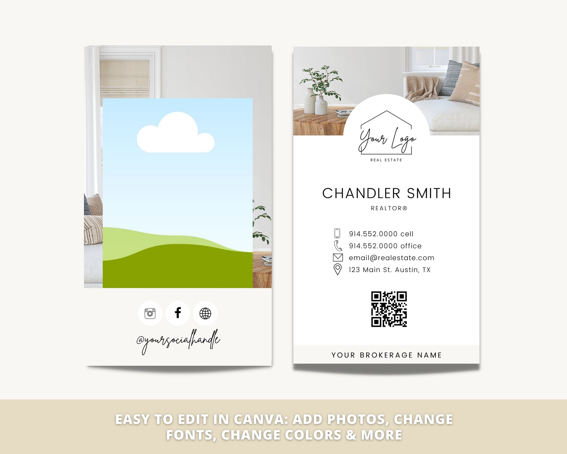 Vertical Business Card Canva Template | Two-Sided |Real Estate Agent Business Card | Entrepreneur | Interior Designer | Photographer | Vol 2