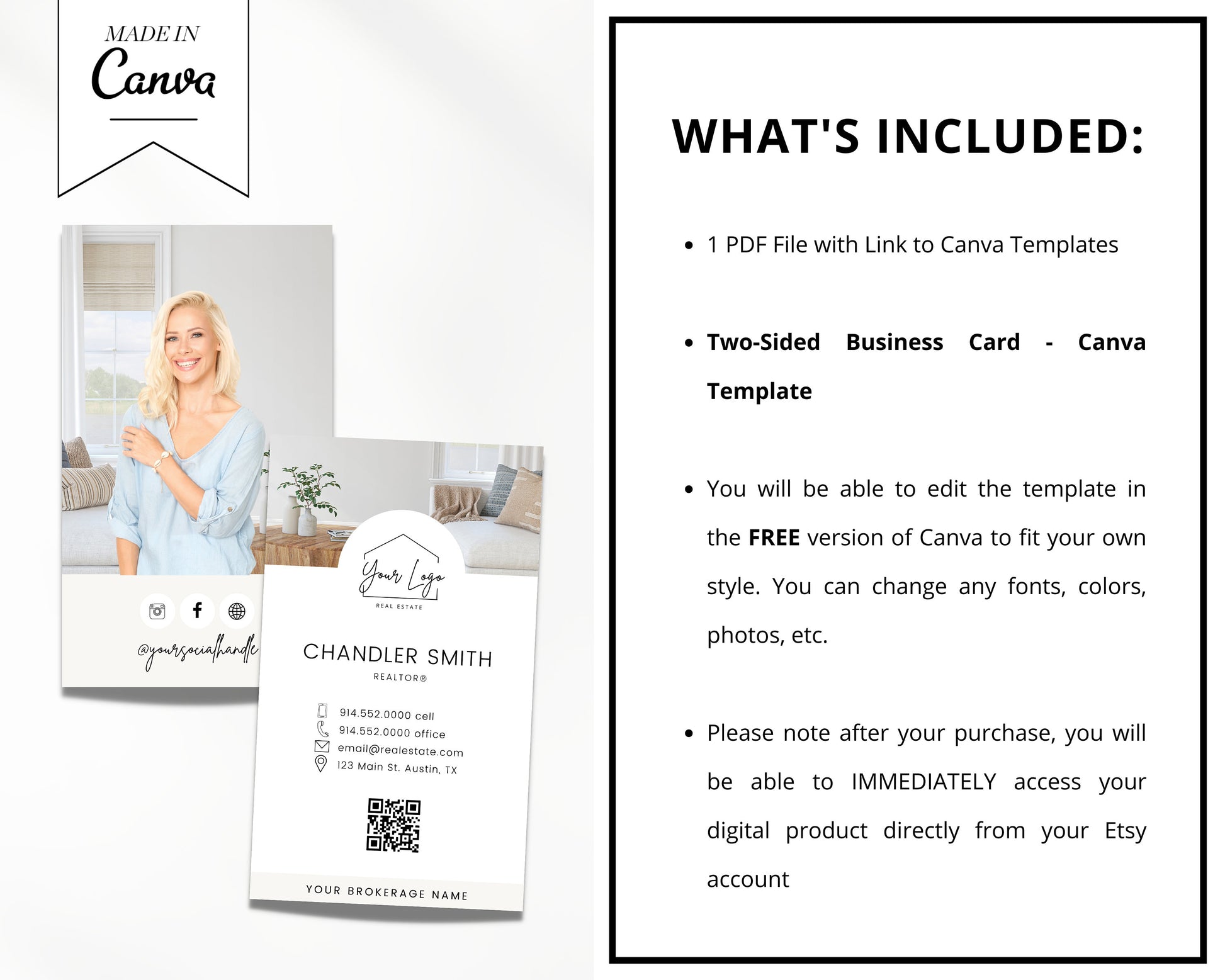 Vertical Business Card Canva Template | Two-Sided |Real Estate Agent Business Card | Entrepreneur | Interior Designer | Photographer | Vol 2