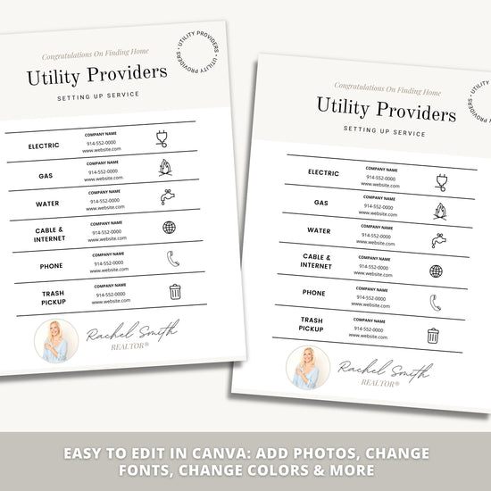 Real Estate Utility Provider List | Vendor List | Real Estate Marketing | Real Estate Canva Editable Template | Home Buyer Kit | Buyer Tools