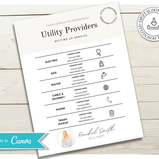 Real Estate Utility Provider List | Vendor List | Real Estate Marketing | Real Estate Canva Editable Template | Home Buyer Kit | Buyer Tools