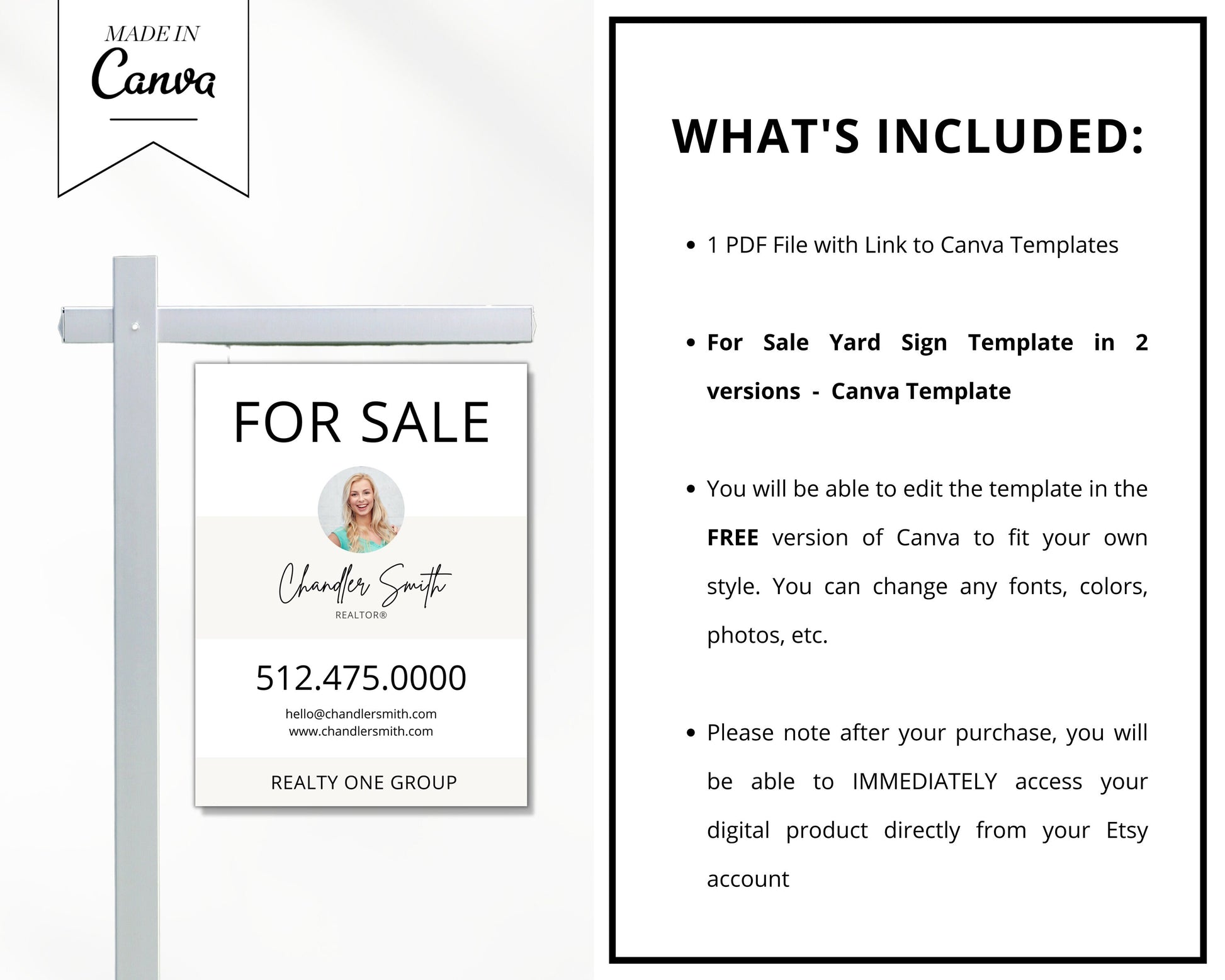 Real Estate Yard Sign Template | For Sale Yard Sign | Customizable For Sale Signage | Canva Template | Canva Template | Modern For Sale Sign