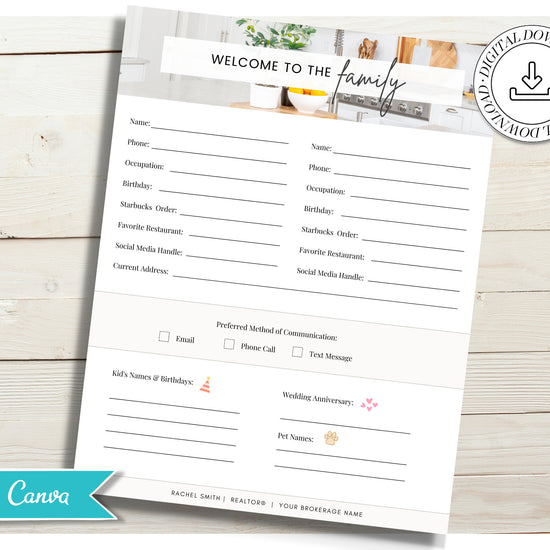Real Estate Buyer Seller Intake Questionnaire | Get To Know You Form | Lead Intake Form | Real Estate Marketing Canva | Pop By Closing Gift