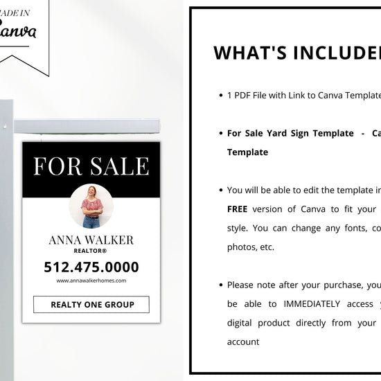 Black Real Estate Yard Sign Template | For Sale Yard Sign | Customizable For Sale Sign | Canva Template | Black Modern For Sale Listing Sign