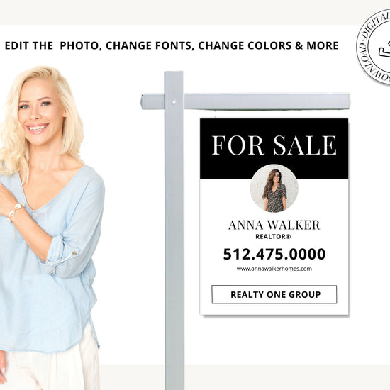 Black Real Estate Yard Sign Template | For Sale Yard Sign | Customizable For Sale Sign | Canva Template | Black Modern For Sale Listing Sign
