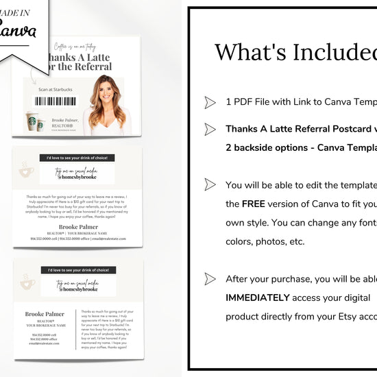 Referral Postcard | Thanks A Latte for the Referral | Real Estate Marketing | Real Estate Farming Card | Real Estate Coffee Gift Card