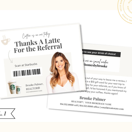Referral Postcard | Thanks A Latte for the Referral | Real Estate Marketing | Real Estate Farming Card | Real Estate Coffee Gift Card