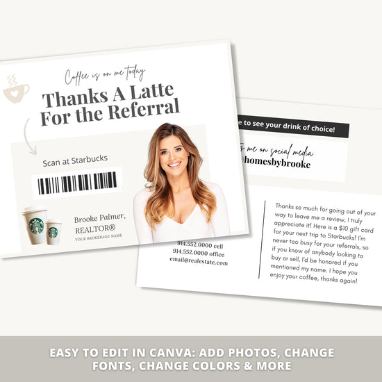 Referral Postcard | Thanks A Latte for the Referral | Real Estate Marketing | Real Estate Farming Card | Real Estate Coffee Gift Card