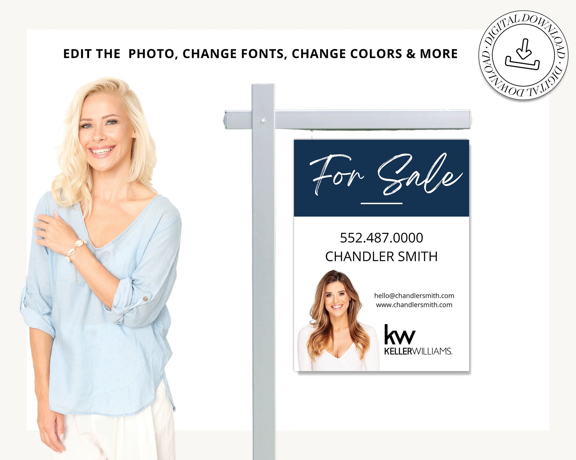 Real Estate Yard Sign | For Sale Yard Sign | Customizable For Sale Signage | Real Estate Marketing | Canva Template Modern Sold Sign | BLUE