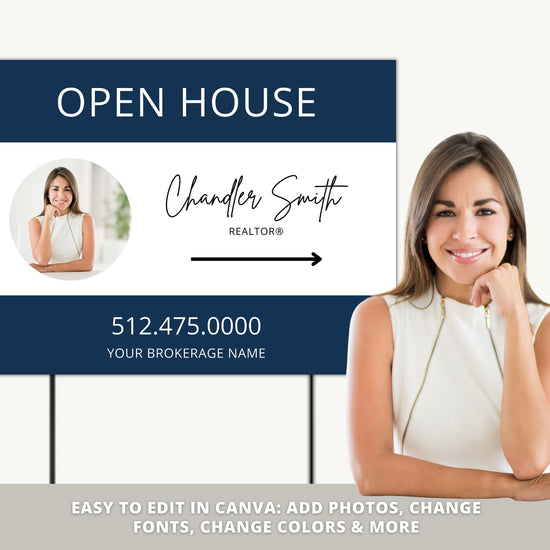 Real Estate Yard Open House Sign Template | For Sale Yard Sign | Customizable For Sale Signage | Open House Directional | Canva Template