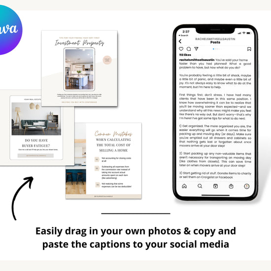 August Real Estate Captions & 31 Matching Real Estate Canva Posts | Real Estate Instagram Posts | Real Estate Marketing | Canva Template