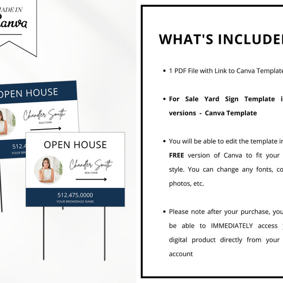Real Estate Yard Open House Sign Template | For Sale Yard Sign | Customizable For Sale Signage | Open House Directional | Canva Template