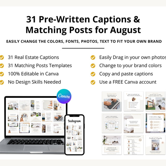 August Real Estate Captions & 31 Matching Real Estate Canva Posts | Real Estate Instagram Posts | Real Estate Marketing | Canva Template