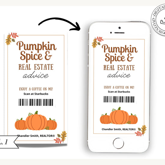 Fall Digital Coffee Gift Card | Textable Pumpkin Spice & Real Estate Advice | Fall Real Estate Marketing | Autumn | Canva Realtor Marketing