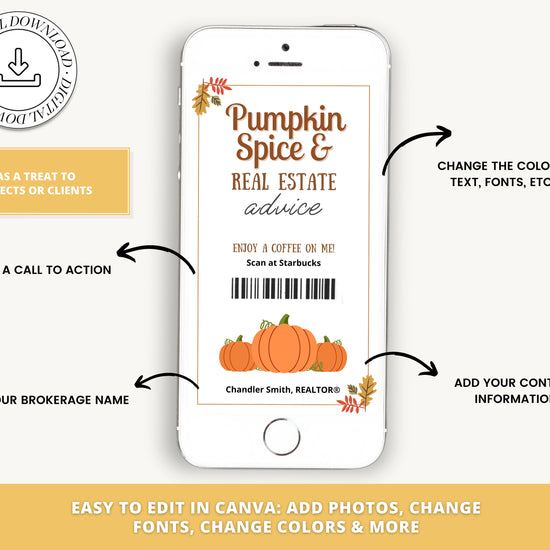 Fall Digital Coffee Gift Card | Textable Pumpkin Spice & Real Estate Advice | Fall Real Estate Marketing | Autumn | Canva Realtor Marketing