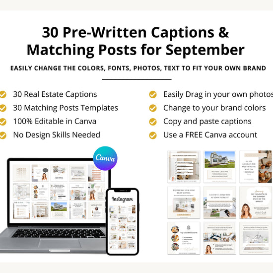 September Real Estate Captions & 30 Matching Real Estate Canva Posts | Real Estate Instagram Posts | Real Estate Marketing | Canva Template
