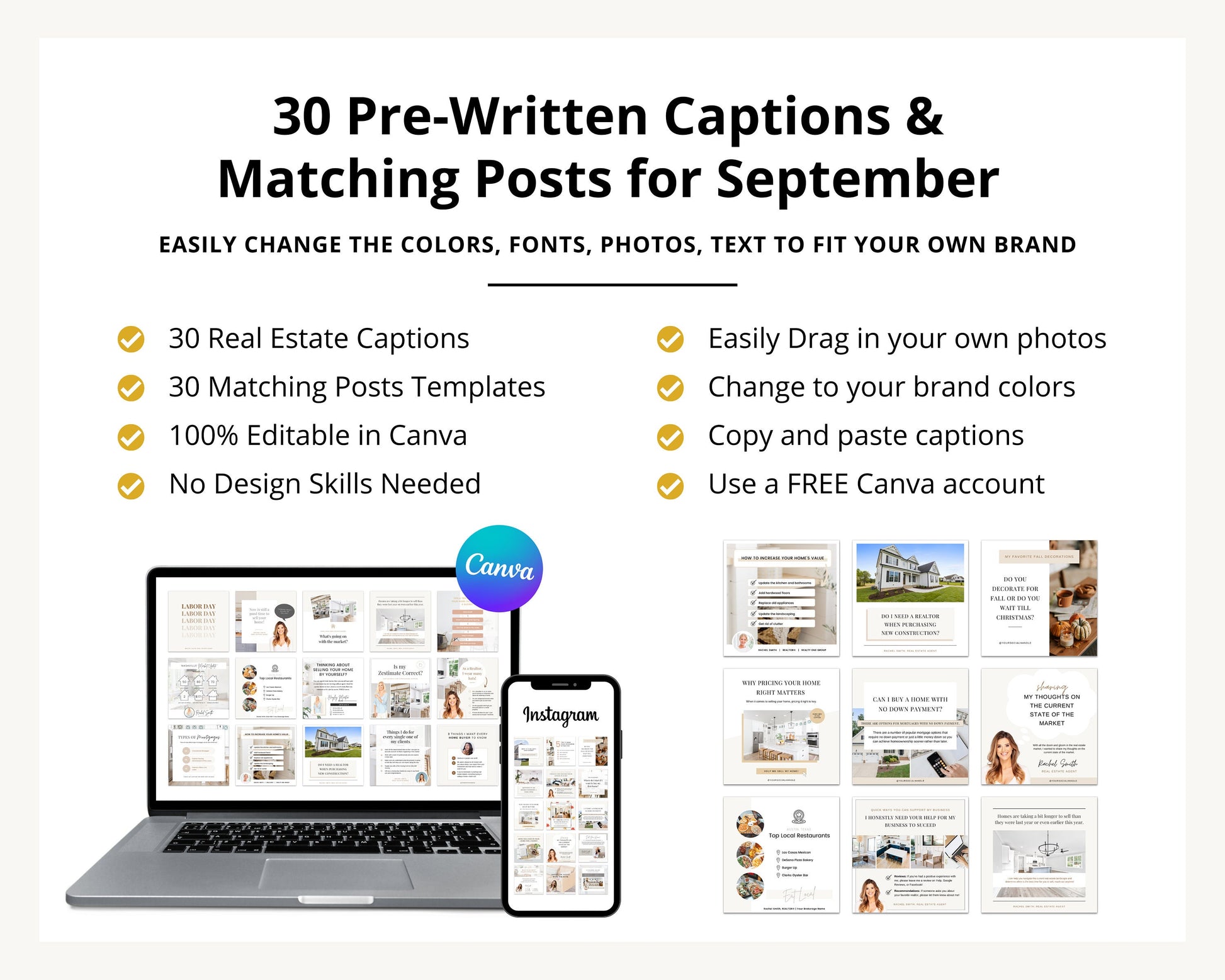 September Real Estate Captions & 30 Matching Real Estate Canva Posts | Real Estate Instagram Posts | Real Estate Marketing | Canva Template