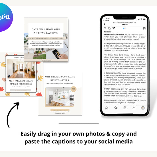 September Real Estate Captions & 30 Matching Real Estate Canva Posts | Real Estate Instagram Posts | Real Estate Marketing | Canva Template
