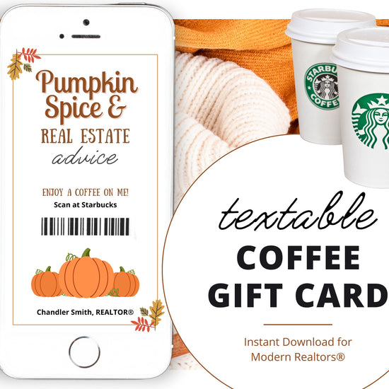 Fall Digital Coffee Gift Card | Textable Pumpkin Spice & Real Estate Advice | Fall Real Estate Marketing | Autumn | Canva Realtor Marketing