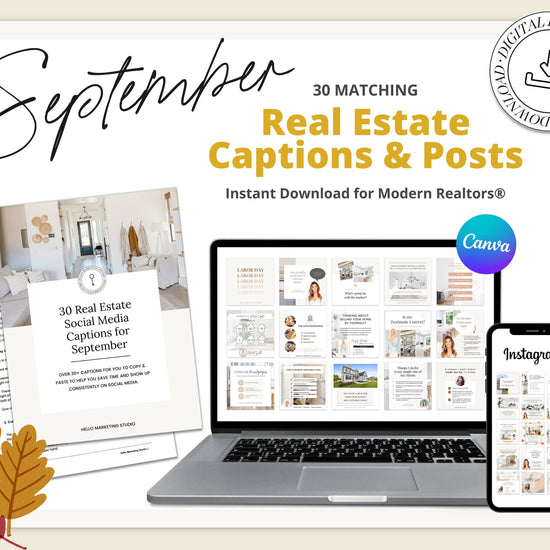 September Real Estate Captions & 30 Matching Real Estate Canva Posts | Real Estate Instagram Posts | Real Estate Marketing | Canva Template