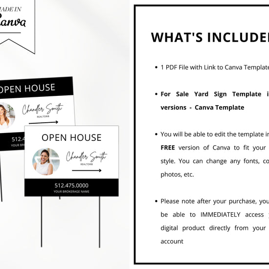Real Estate Yard Open House Sign Template | For Sale Yard Sign | Customizable For Sale Signage | Open House Directional | Black Template