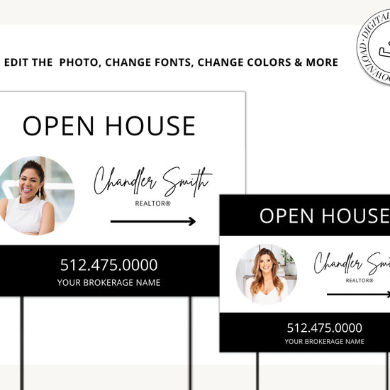 Real Estate Yard Open House Sign Template | For Sale Yard Sign | Customizable For Sale Signage | Open House Directional | Black Template
