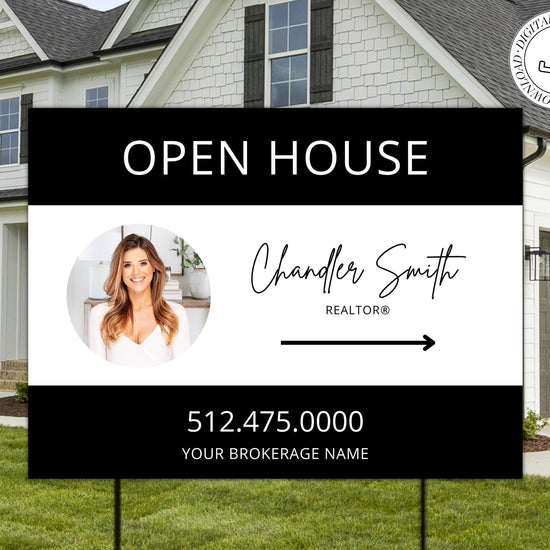 Real Estate Yard Open House Sign Template | For Sale Yard Sign | Customizable For Sale Signage | Open House Directional | Black Template