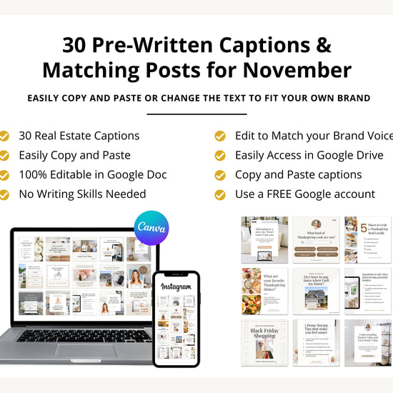 November Real Estate Captions & 30 Matching Real Estate Canva Posts | Real Estate Instagram Posts | Real Estate Marketing | Canva Template