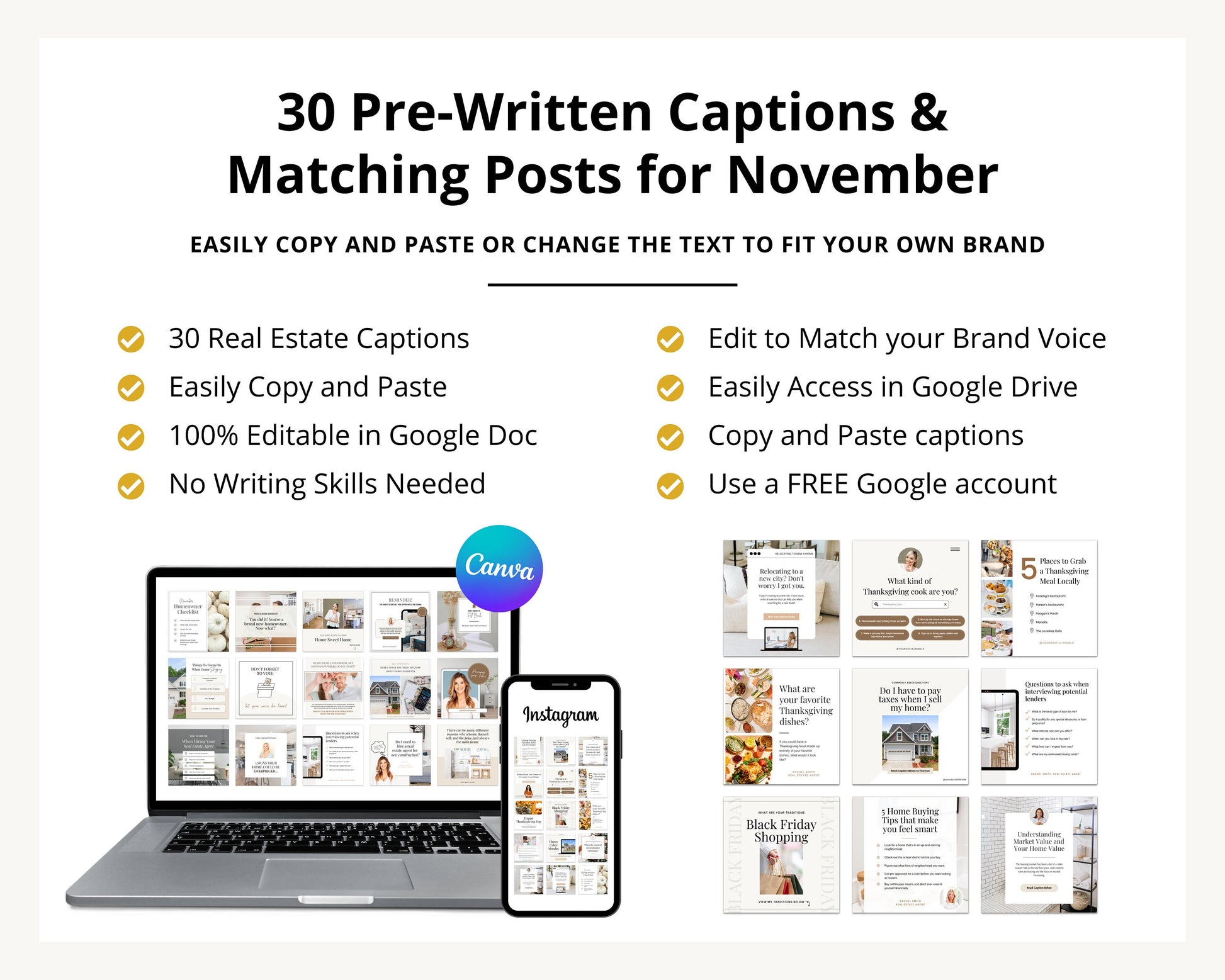 November Real Estate Captions & 30 Matching Real Estate Canva Posts | Real Estate Instagram Posts | Real Estate Marketing | Canva Template
