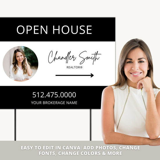 Real Estate Yard Open House Sign Template | For Sale Yard Sign | Customizable For Sale Signage | Open House Directional | Black Template