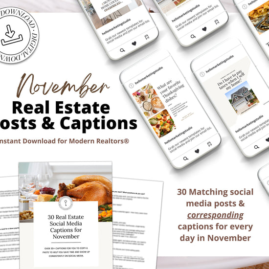 November Real Estate Captions & 30 Matching Real Estate Canva Posts | Real Estate Instagram Posts | Real Estate Marketing | Canva Template