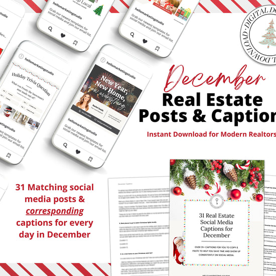 December Real Estate Captions & 31 Matching Real Estate Canva Posts | Real Estate Instagram Posts | Real Estate Marketing | Canva Template